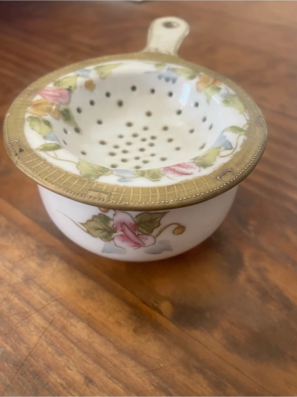 Vintage Handpainted Porcelain Tea Strainer & drip bowl with Floral accents RARE